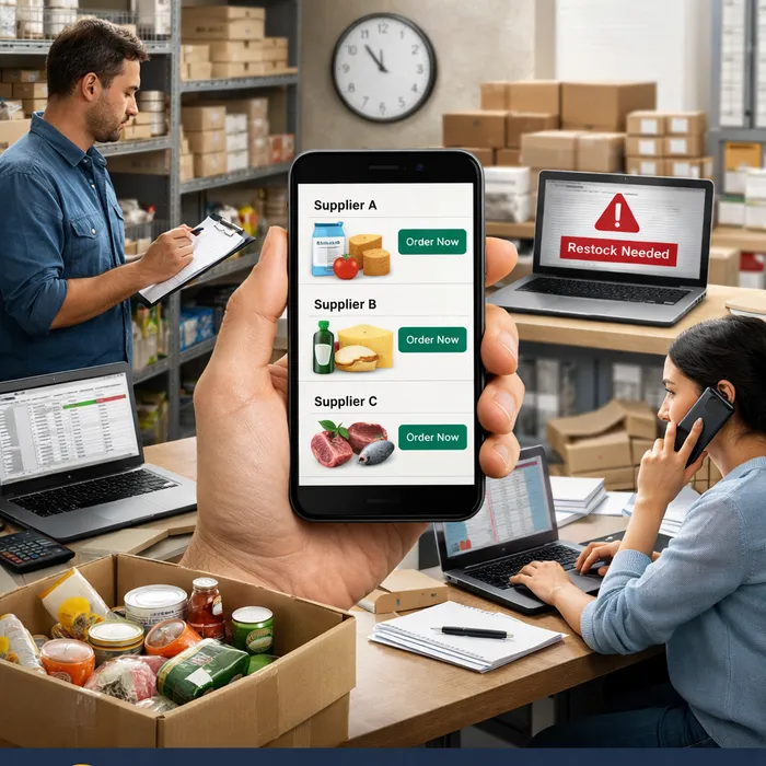 Kitchen staff manually checking inventory and stock levels in a restaurant storage room