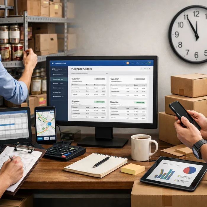 Restaurant kitchen manager reviewing digital inventory and supplier ordering system